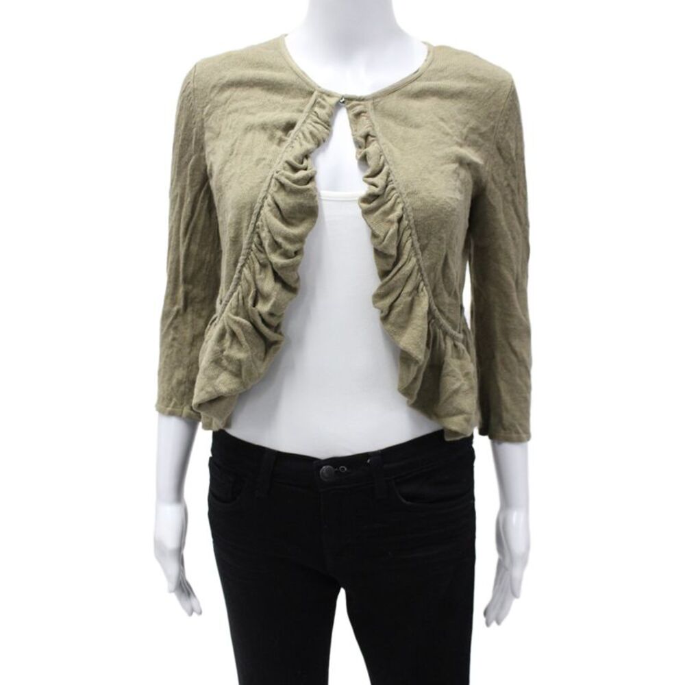 Calvin Klein Women Cardigan Green 3/4 Sleeve Round Neck Linen Blend Size S